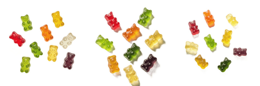 Colorful Gummy Bears Assortment on White Background: Sweet Fruity Candy Treats in Three Organized Groups