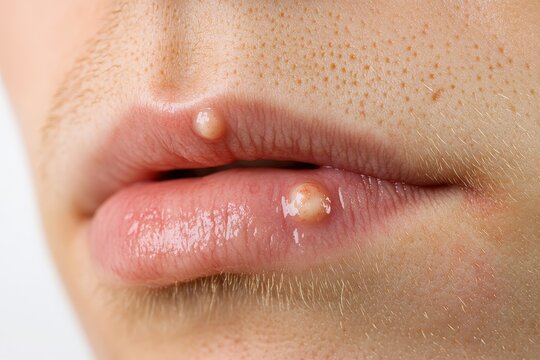 Close-up view of a small, light-colored bump on the lower lip.