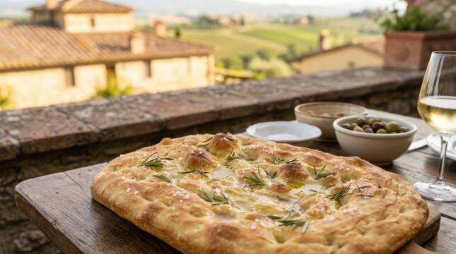 A golden, freshly baked focaccia bread, generously drizzled with olive oil and topped with rosemary, rests on a rustic table with a beautiful Tuscan landscape view captured on 20260211.