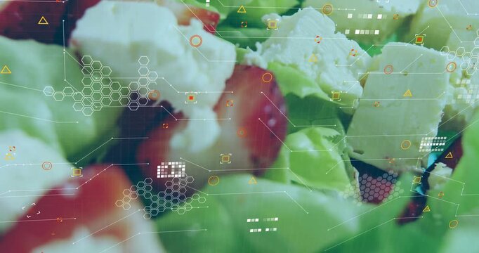 HUD fading in, starting camera slide, salad shifting focus, highlighting strawberry and cheese