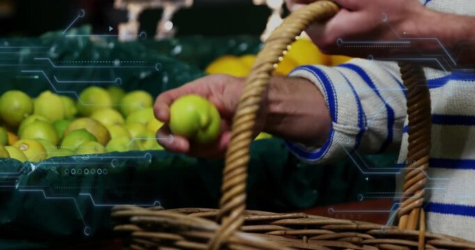 Shopper reaching into grocery bin, selecting to buy, dropping green fruit into basket, HUD tracking