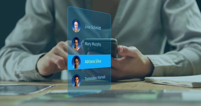 Man tapping smartphone and swiping holographic contact list in business selecting Mary Murphy