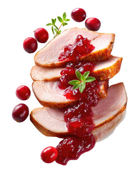 Sliced Turkey with Cranberry Delight: Slices of succulent roasted turkey are artfully arranged, generously drizzled with a vibrant cranberry sauce and adorned with fresh cranberries and herbs.