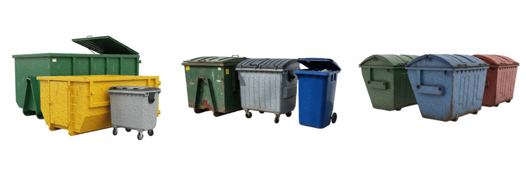 Large Industrial Waste Containers: Colorful Metal Dumpsters and Rolling Plastic Trash Bins for Professional Disposal