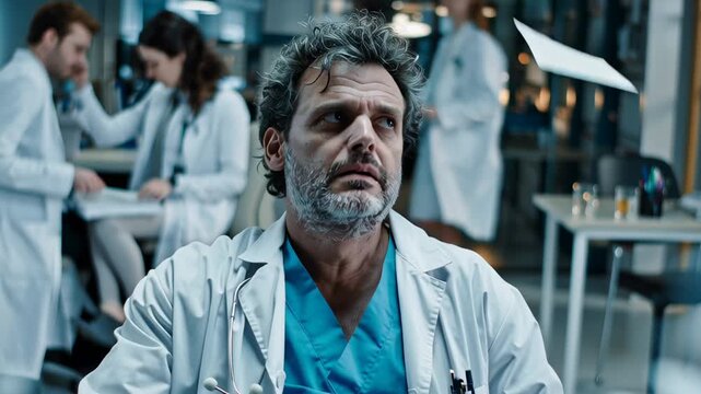 Stressed doctor experiencing burnout from paperwork overload, facing medical exhaustion and healthcare crisis while working late in a busy hospital or clinic office filled with stacked documents