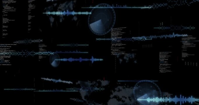 On data arrival data HUD fading in, layering waveforms, rotating dials, highlighting key points