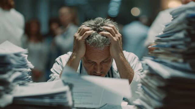 Stressed male doctor at a hospital desk, head in hands amid towering stacks of paperwork, illustrating burnout, exhaustion and overwhelming administrative workload in healthcare