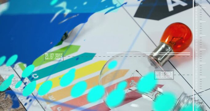 Date stamp appearing triggers blue splash sweeping across energy chart and bulbs updating numbers