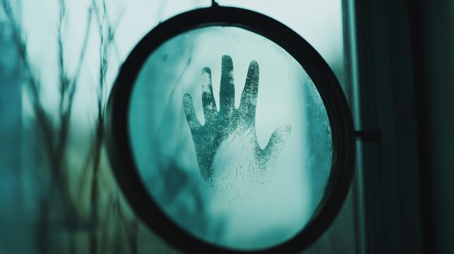 A ghostly handprint is pressed onto a foggy circular window in a dark frame