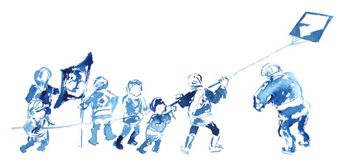 浜松まつりで凧揚げをする人々のイラスト