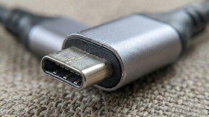 Close up of a type C USB cable end connector, a modern technology for data transfer and device charging. Digital communication concept.