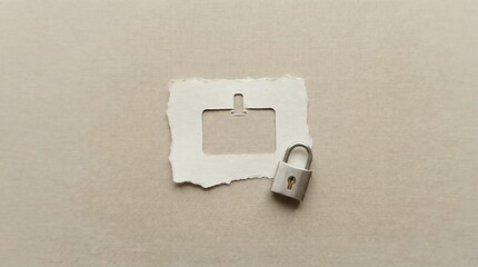 White paper cut-out of suitcase shape and silver padlock. Concept of travel security, data protection, or secure personal belongings.