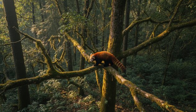 Red panda with rust colored fur climbing a mossy tree branch in a lush forest setting 20260210 173216