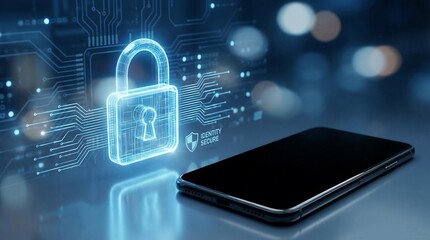 Smartphone with digital padlock and circuit board overlay for data protection. Mobile cybersecurity concept for secure online communication.