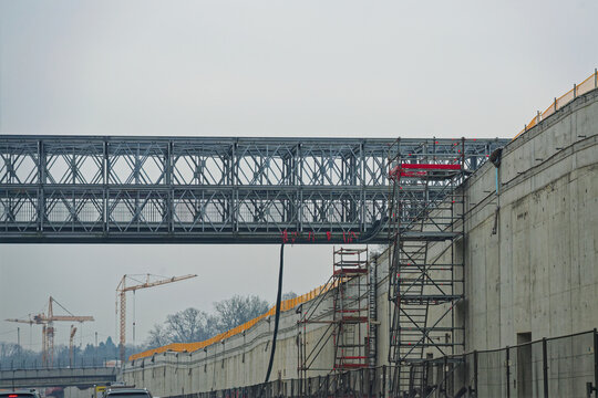 Industrial Steel Bridge Structure above Concrete Construction Site at A7 e45 Hamburg