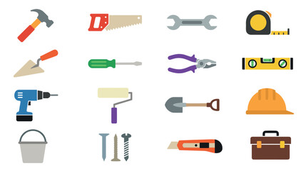 Set of colorful construction tool icons including a hammer, saw, drill, and hard hat for DIY and repair projects, presented in a simple flat design vector style