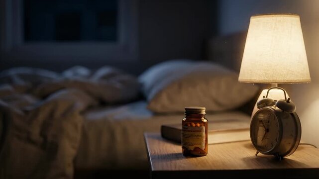 Clock lamp shines light onto wooden table with bottle of pills. Dark bedroom with rumpled bed sheets adds to quiet atmosphere. Concept of health, wellness, sleep