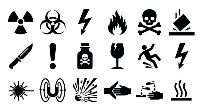 Collection of black hazard warning symbols representing various dangers like radioactive, biohazard, toxic, flammable, corrosive, and electrical shock in a flat vector icon set