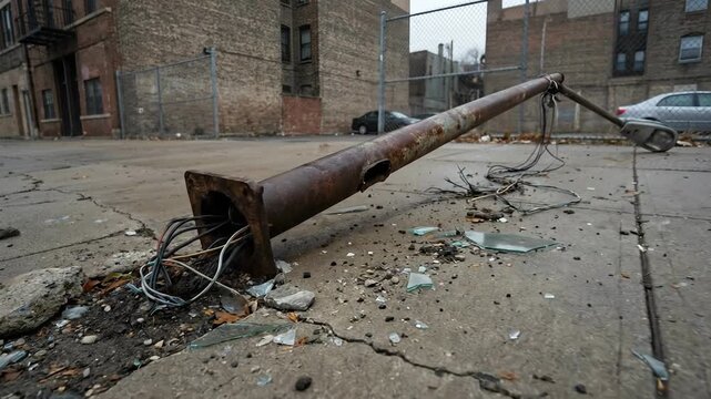 Street light lies on concrete pavement with debris scattered around. Urban setting includes nearby buildings and parked cars. Concept of city infrastructure, damage assessment, urban planning