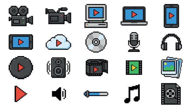 Collection of pixel art media icons featuring a camera, computer, microphone, and play button, designed in a retro 8-bit video game style for digital user interfaces