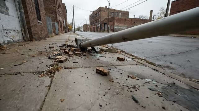 Utility pole lies tilted on street with wires hanging. Bricks and debris scattered nearby. Urban setting with grey sky and wet pavement. Concept of urban decay, infrastructure damage, public safety