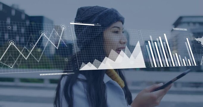 Woman walking bridge, tapping phone, activating HUD overlay evolving line-to-map charts for finance