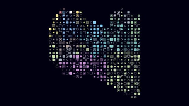 Libya animated country shape. Pulsating colored dots on the map of the country. Large size rounded square blocks. Digital style Libya map on dark background. Stylish animation video.