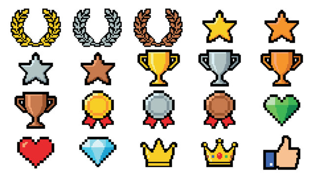 Pixel art award and achievement icons set featuring gold, silver, and bronze trophies, medals, wreaths, and stars in a retro 8-bit video game style for user interface elements