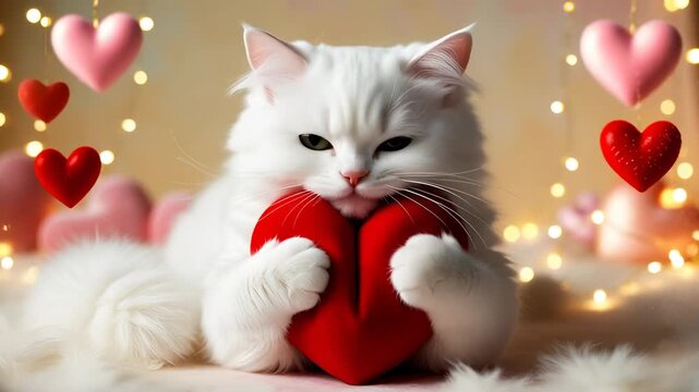 Fluffy White Persian Cat Hugging Red Heart with Festive Bokeh Lights for Valentine's Day