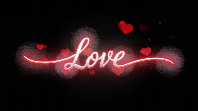 Love's Glowing Aura: A romantic neon sign illuminates the word Love, radiating with tender hearts and gentle light against a dark background, representing affection and adoration.