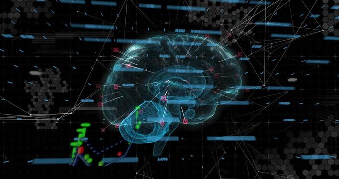 Blue bars starting, cyan 3D brain rotating, markers pulsing, charts rising linking markers to data