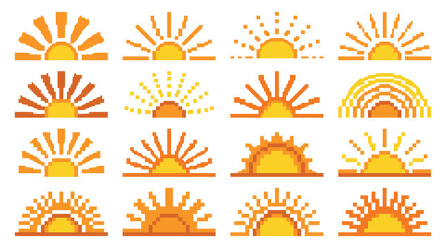 Collection of yellow and orange pixel art sun icons with various ray designs in a retro 8-bit video game style, showing different sunrise and sunset symbols for graphic design