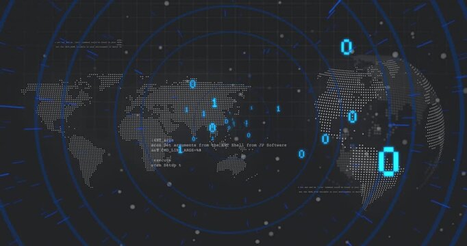 On data pulse, dotted map and globe shifting binary digits, flickering to show global data flow