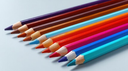 Naklejka premium Twelve sharpened colored pencils arranged neatly on a blue-grey surface,