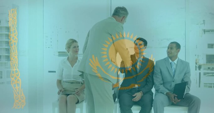 Hiring manager coming shaking hands interviewing sending one leaving with gold sun overlaying scene