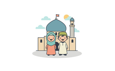 Naklejka premium Cartoon Muslim Family Standing Near Mosque.