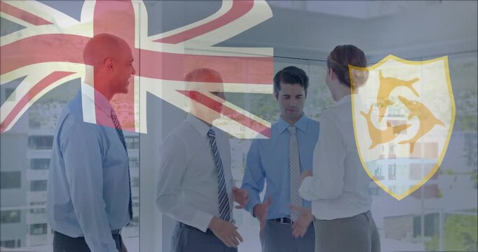 Woman in biz initiating handshake with man, departing as men laughing, flag+shield overlaying scene