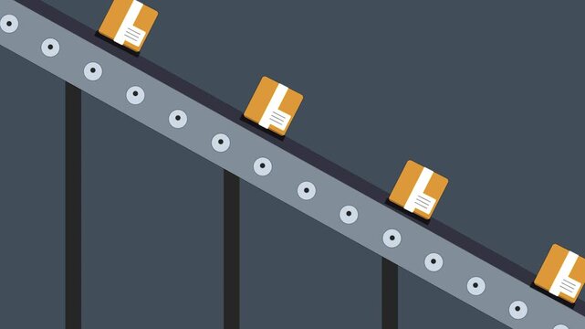 Conveyor belt transporting parcels: A dynamic view showcases a conveyor belt diligently transporting a succession of packages, symbolizing logistical efficiency and automated product movement.
