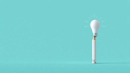 A white light bulb atop a pencil with silver screw base emits diagonal rays against teal background, symbolizing ideas,