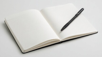 An open notebook with lined paper sits on a white surface, featuring a black pen placed diagonally without its cap,