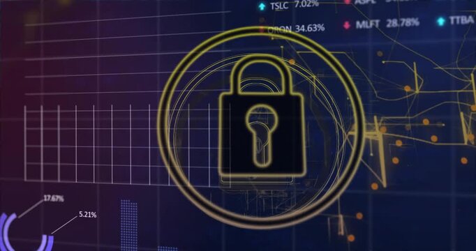 Central padlock icon being revealed by data pulse, concentric rings drawing in, signaling security