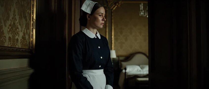 Woman maid in uniform with white apron and cap standing in a dimly lit, luxurious room with a bed and patterned wallpaper.