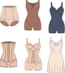 Vintage shapewear collection six styles women's undergarments fashion illustration line art fashionable retro clothing vector