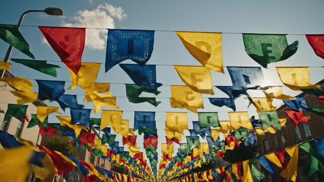 View of festival flags of various colors hanging across the sky. Letters are visible on flags