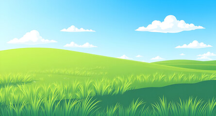 Obraz premium grassland, field, meadow, greenfield, pasture, lawn, nature, landscape, scenery, countryside, rural, outdoor, horizon, farmland, sky, bluesky, clouds, cloudscape, daylight, sunlight, sunny, bright, fr