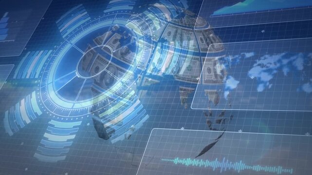 HUD brightening starting money globe assembling while map and waveform animating showing markets