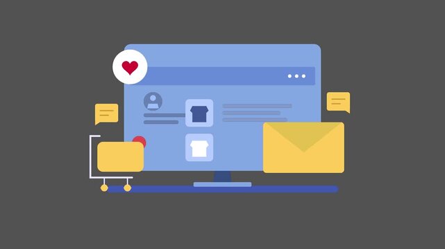 E-commerce Illustration: Illustrating the digital storefront, where a shopping cart, chat bubble, and email converge on a computer screen.