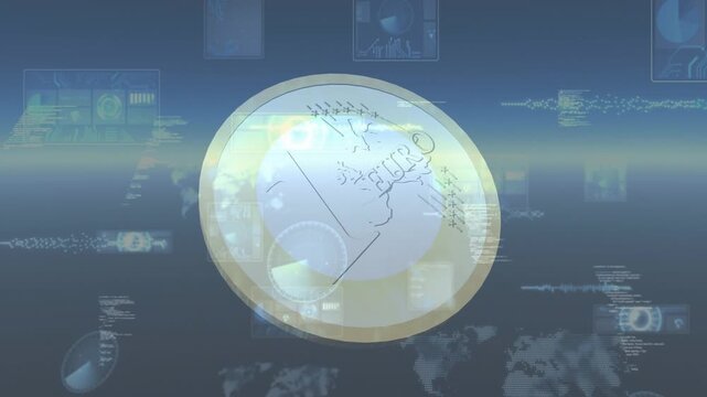 On play coin turning revealing 1 and EURO as HUD panels shifting showing global finance