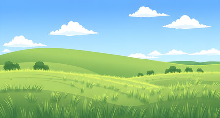 Fototapeta premium cartoon, landscape, land, grass, green, meadow, field, pasture, countryside, rural, outdoor, scenery, horizon, farmland, nature, environment, spring, summer, daytime, sunny, bright, cheerful, happy, p