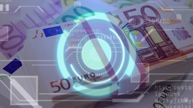 Circular HUD appearing and pulsing over stack of 50 euro banknotes, analyzing security details